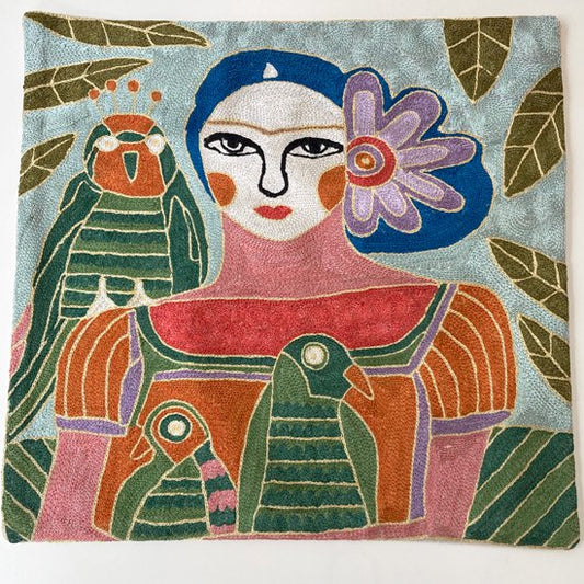 Frida Kahlo Hand Embroidered Cushion Cover 45cm x 45cm (Light Green) 