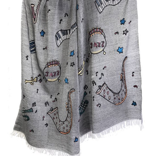 JAZZ pattern wool/silk Allie hand embroidered stole 40cm wide (greige) S-WTA2555JZ_0162 