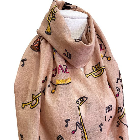 JAZZ pattern wool/silk Allie hand embroidered stole 40cm wide (beige) S-WTA2555JZ_0151 
