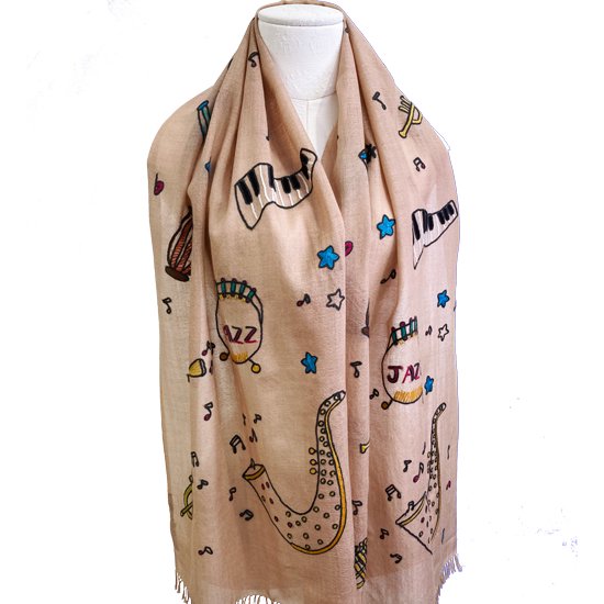 JAZZ pattern wool/silk Allie hand embroidered stole 40cm wide (beige) S-WTA2555JZ_0151 