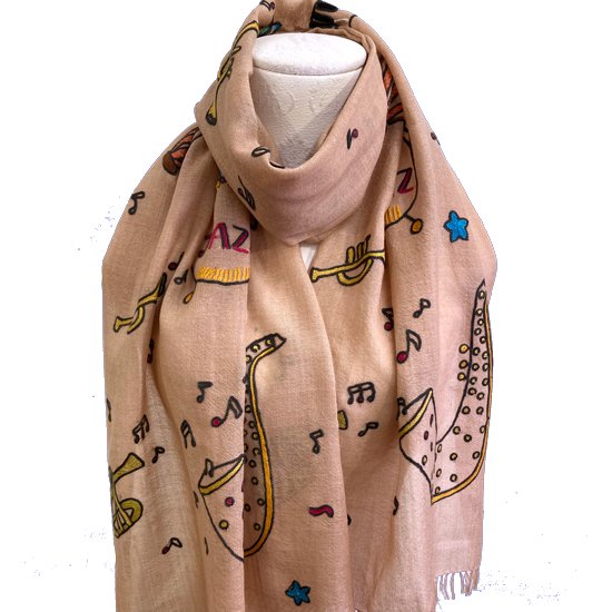 JAZZ pattern wool/silk Allie hand embroidered stole 40cm wide (beige) S-WTA2555JZ_0151 