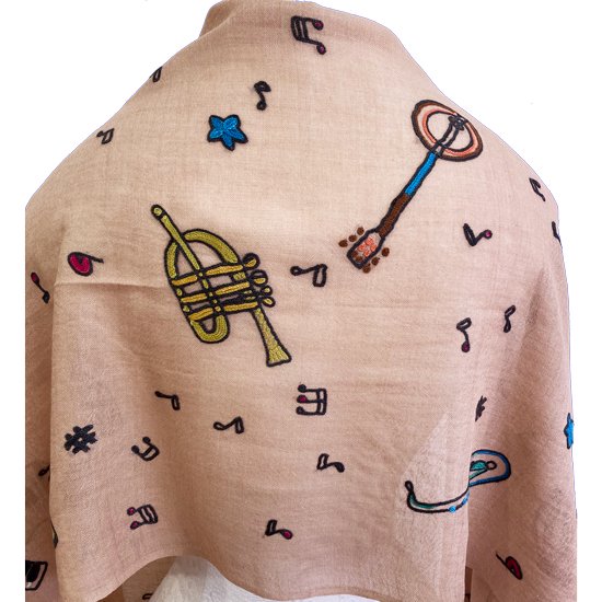 JAZZ pattern wool/silk Allie hand embroidered stole 40cm wide (beige) S-WTA2555JZ_0151 