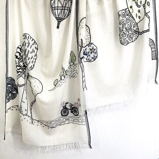 Peace On Earth ウール/シルク 手刺繍ストール(ホワイト)S-WTA2557-0171