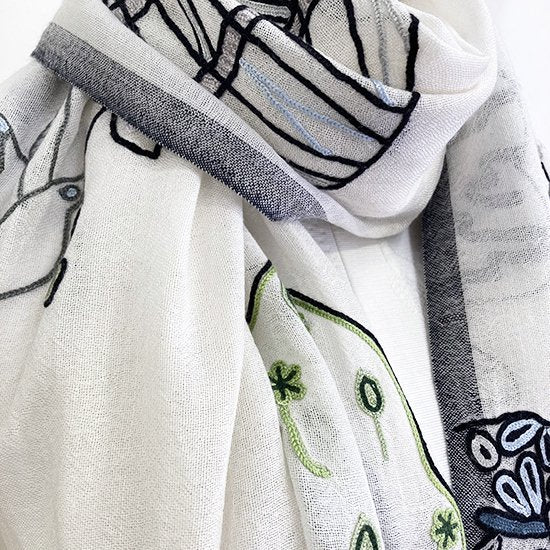 Peace On Earth ウール/シルク 手刺繍ストール(ホワイト)S-WTA2557-0171